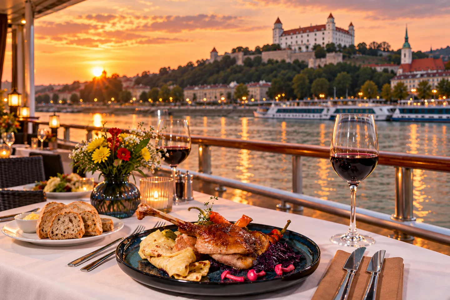 Goose feast with a view of Bratislava Castle on the anchored boat Harmónia