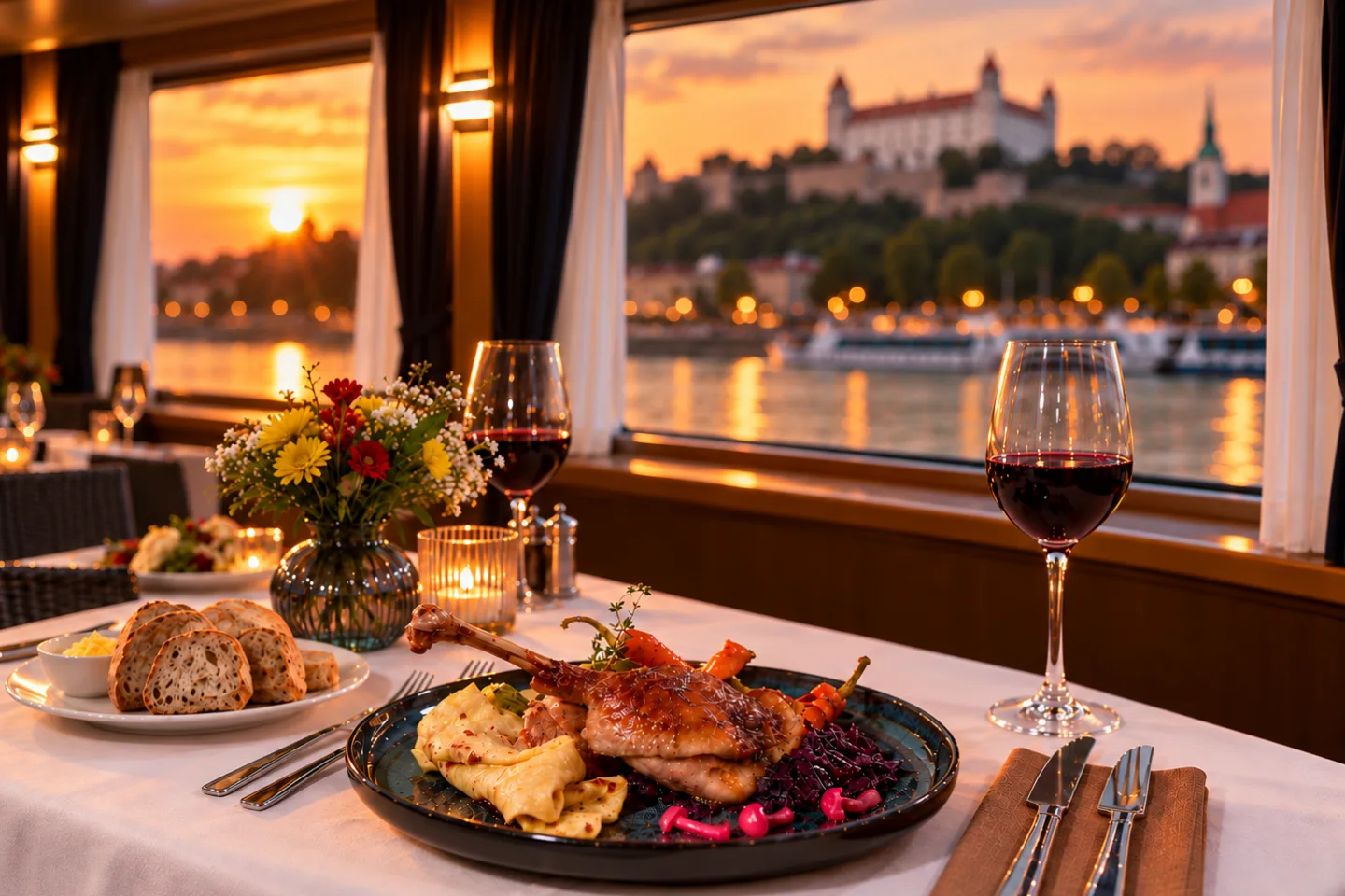 Goose feast with a view of Bratislava Castle on the anchored boat Harmónia