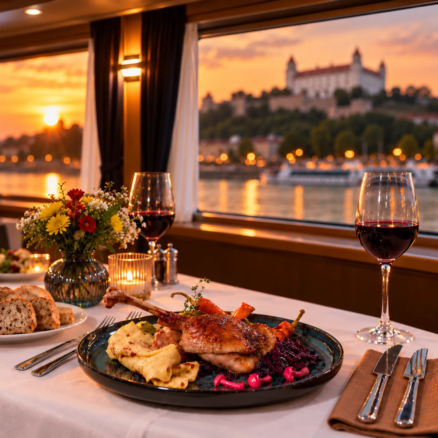 Goose feast with a view of Bratislava Castle on the anchored boat Harmónia